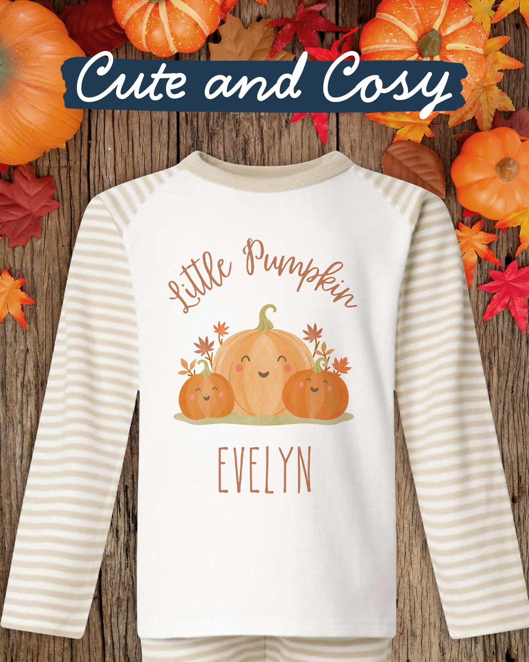 Little Pumpkin Seasonal PJs/pyjamas/Halloween/cream stripe/sage green stripe