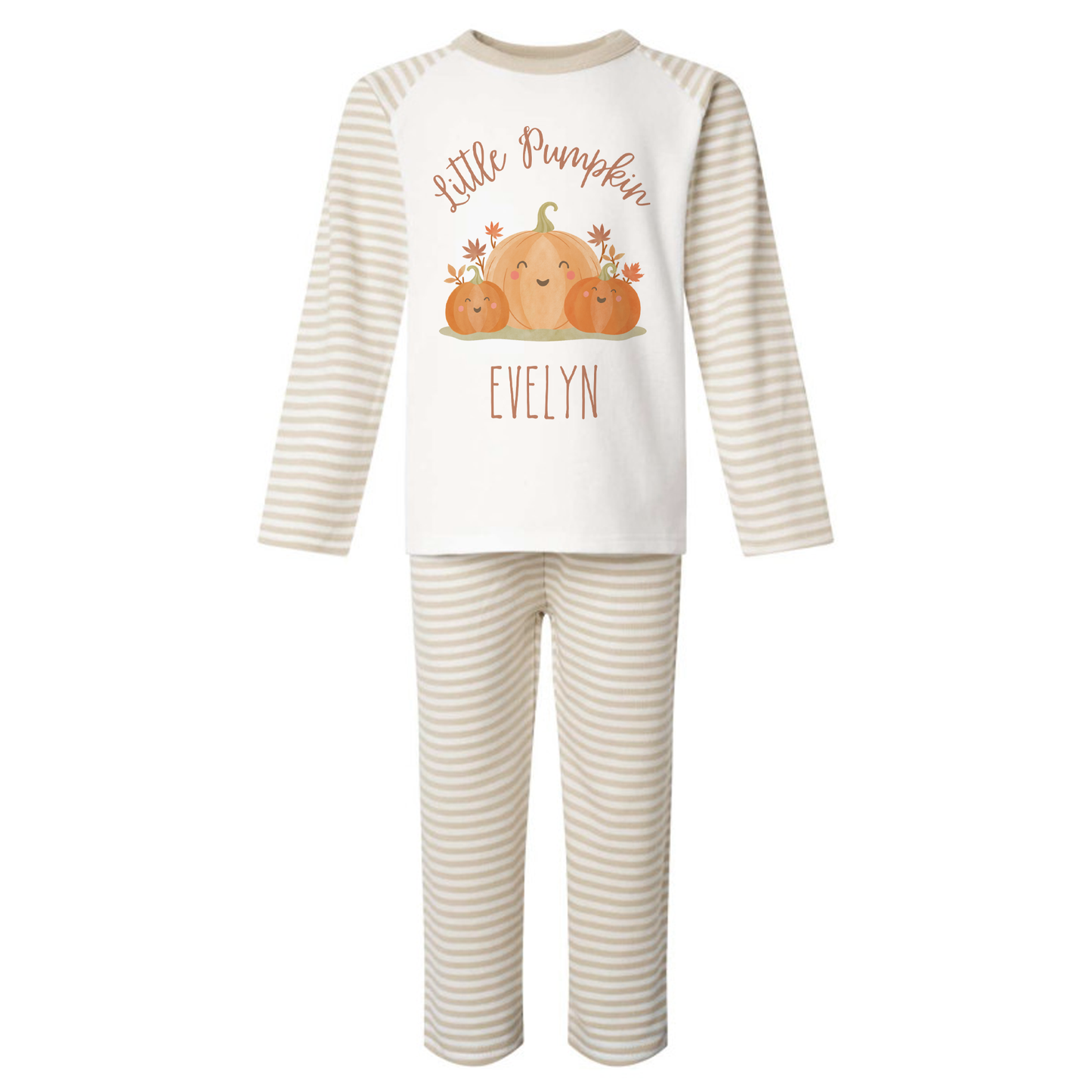 Little Pumpkin Seasonal PJs/pyjamas/Halloween/cream stripe/sage green stripe