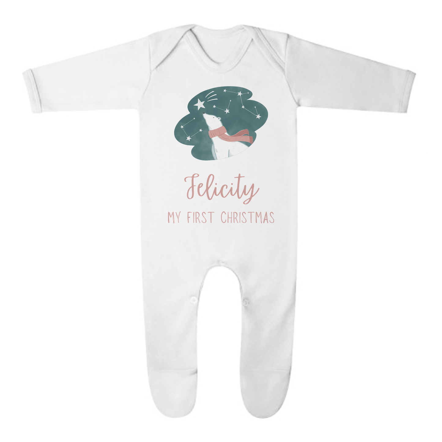 'My First Christmas' Pink Polar Bear Romper - Personalised Baby Grow - Christmas Pyjamas