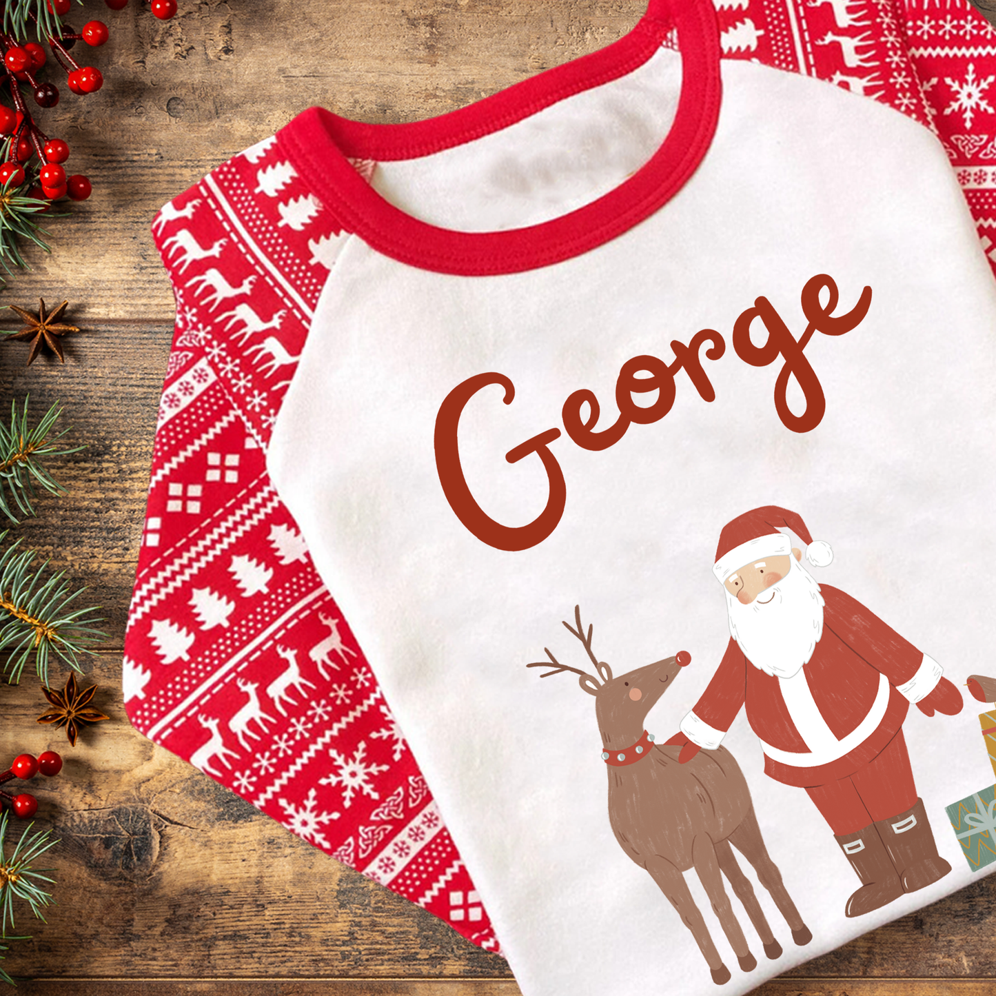 Personalised Christmas Santa and Rudolph Pyjamas - Kids and Adults - Unisex PJ Set