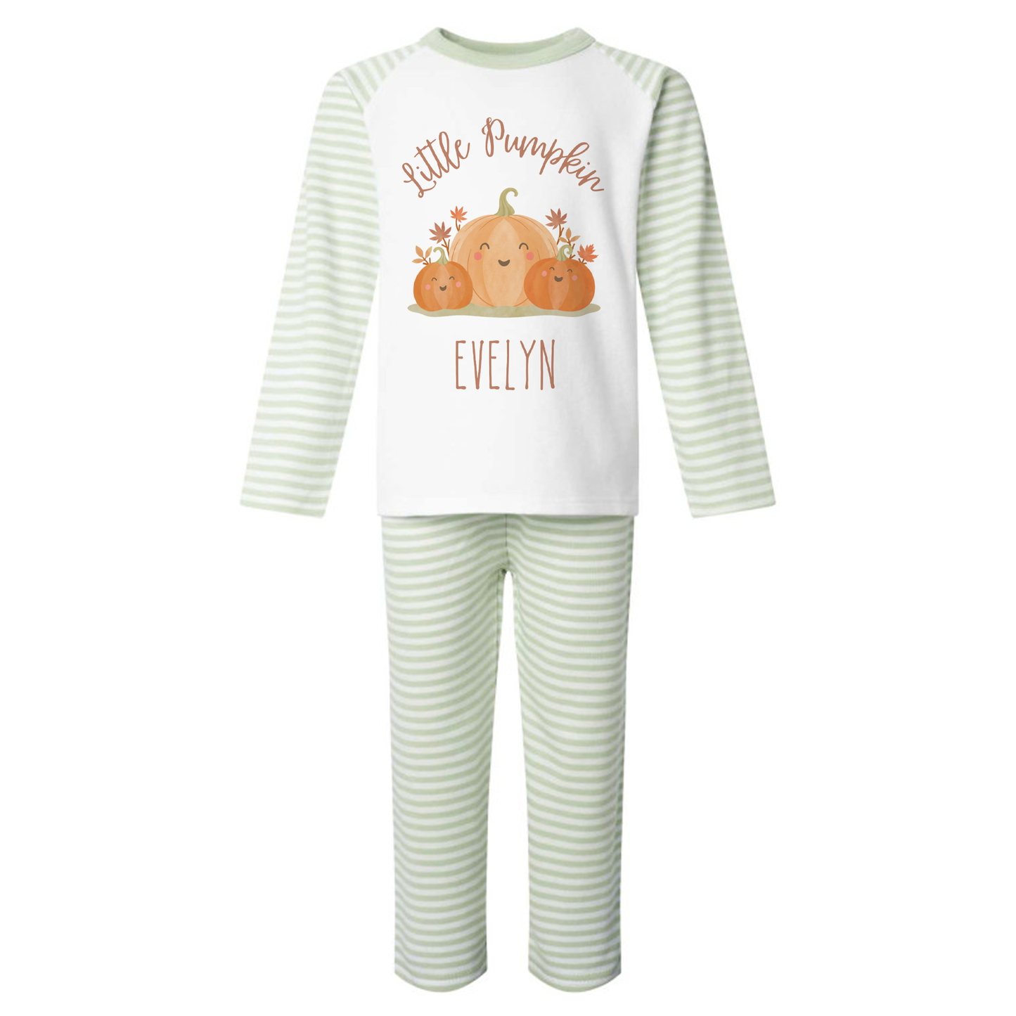 Little Pumpkin Seasonal PJs/pyjamas/Halloween/cream stripe/sage green stripe