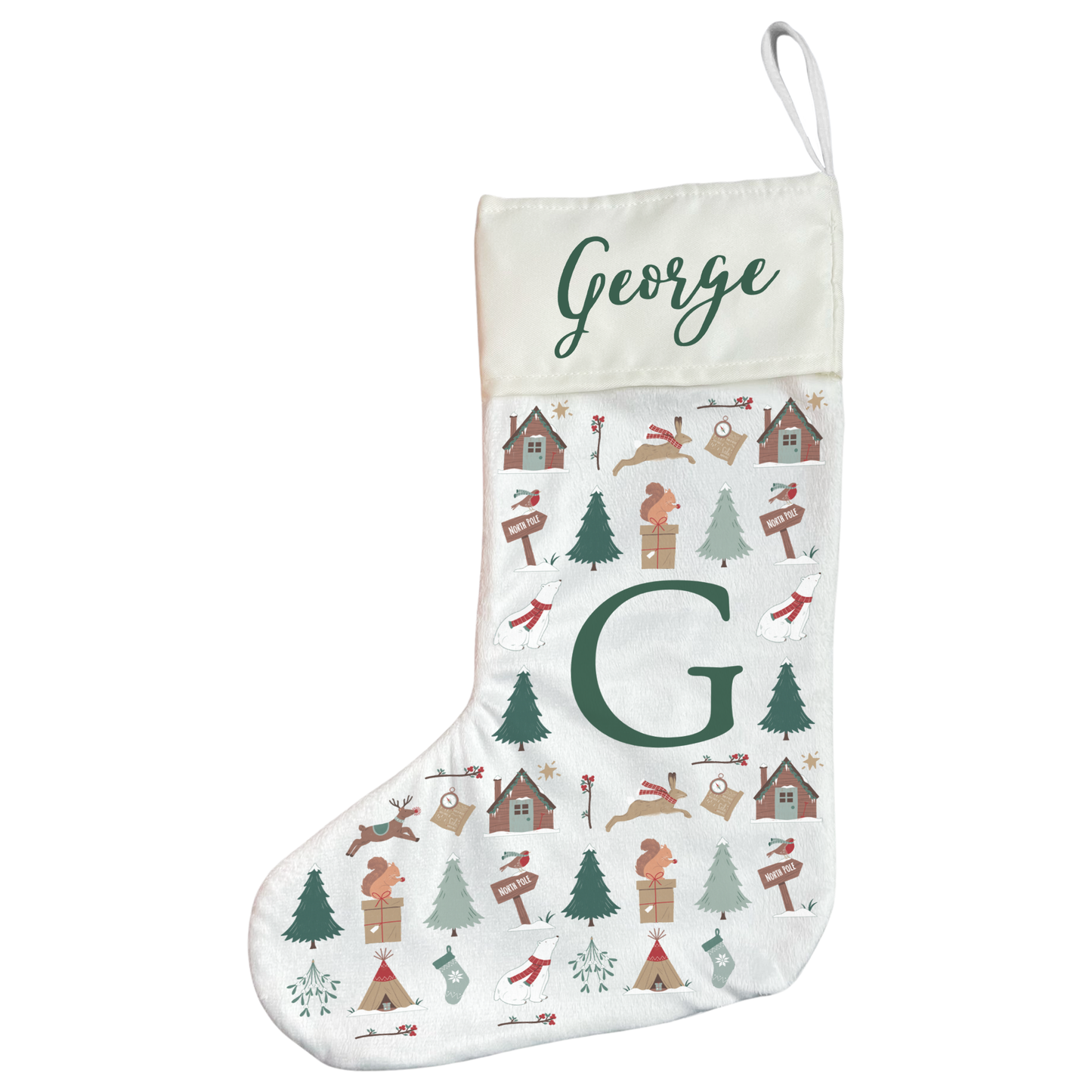Patterned Festive Forest Stocking With Initial