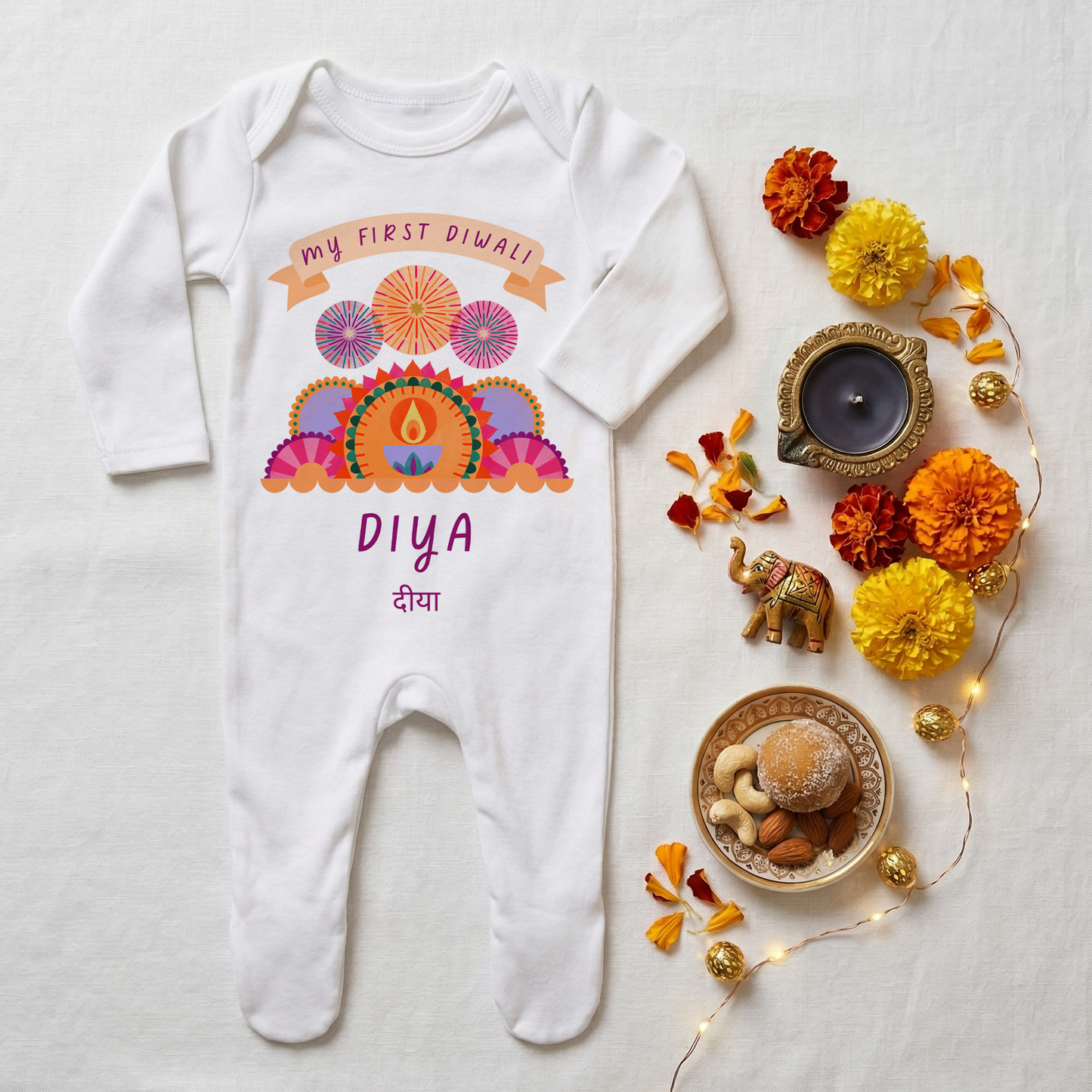 Personalised My First Diwali Babygrow - Cultural Spiritual Infant Romper suit - Fireworks Design