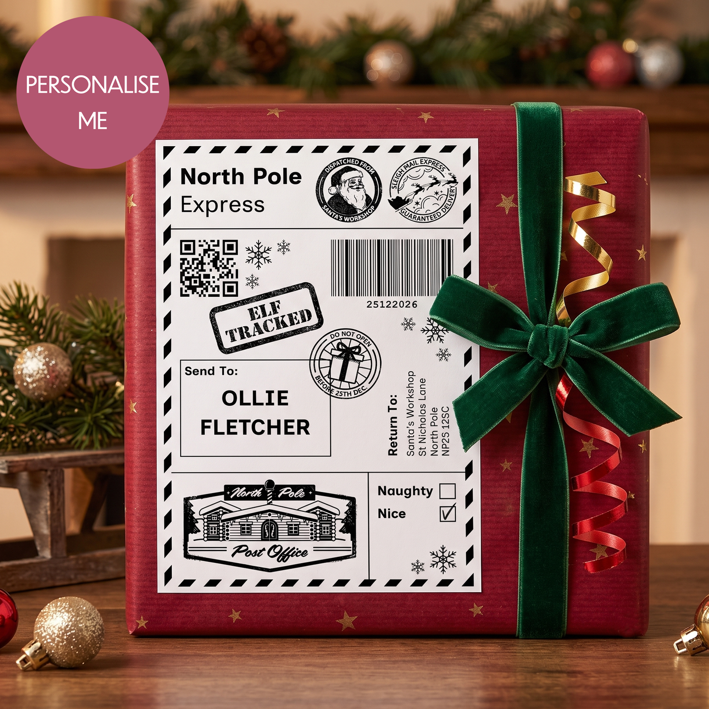 Personalised North Pole Christmas Postage Label Sticker - Add Your Name Gift Tag - Custom Giftwrap Idea