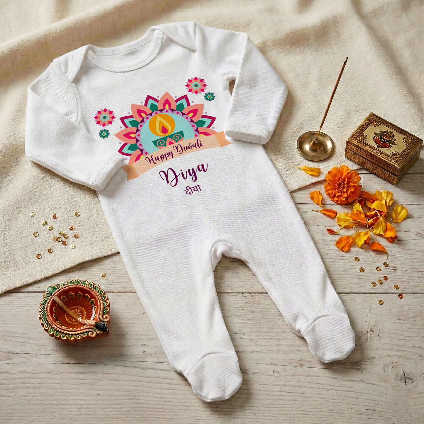 Personalised My First Diwali Babygrow - Cultural Spiritual Infant Romper suit - Pastel Mandala Design