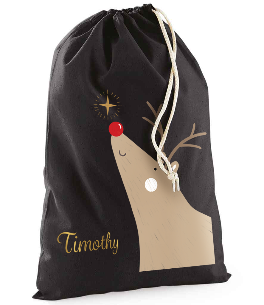 Personalised Rudolph Reindeer Sack with Christmas Gifts 100% Cotton