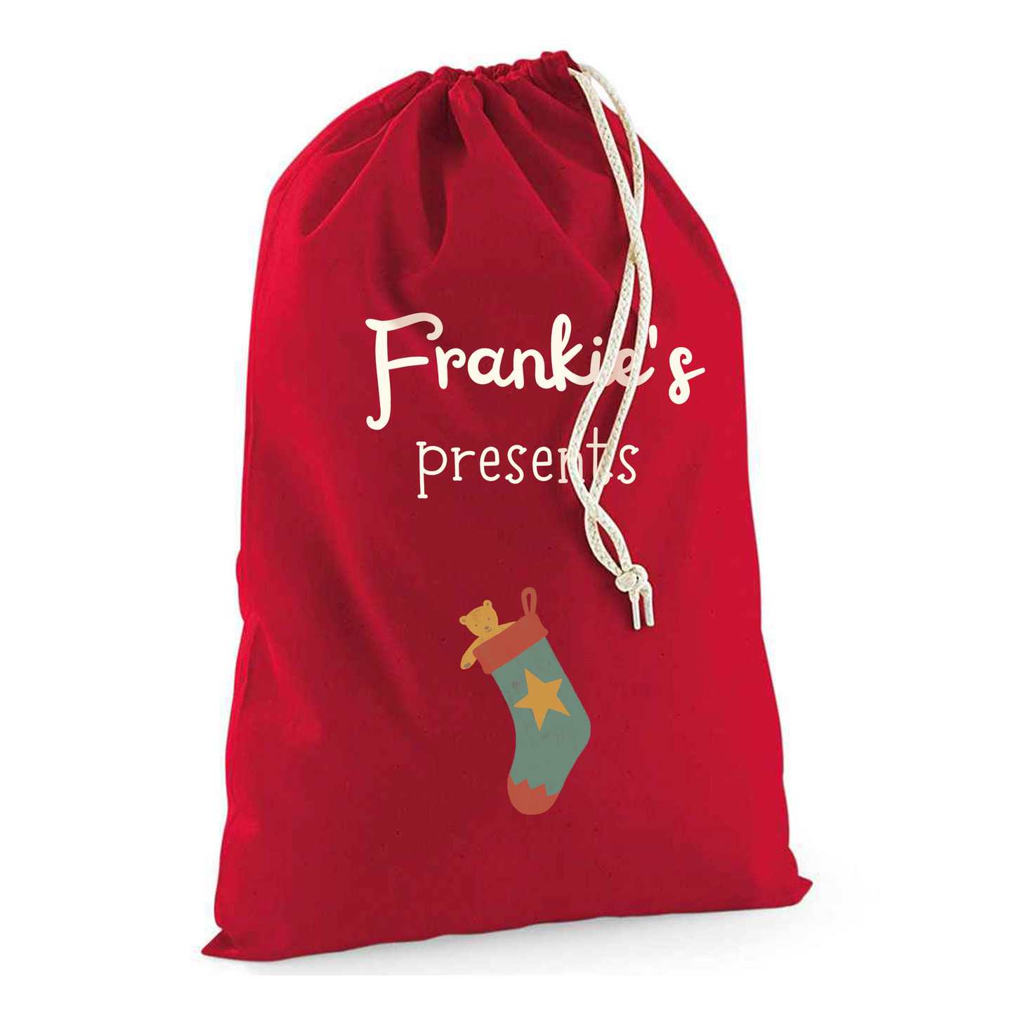 Personalised Stocking Sack with Christmas Gifts 100% Cotton