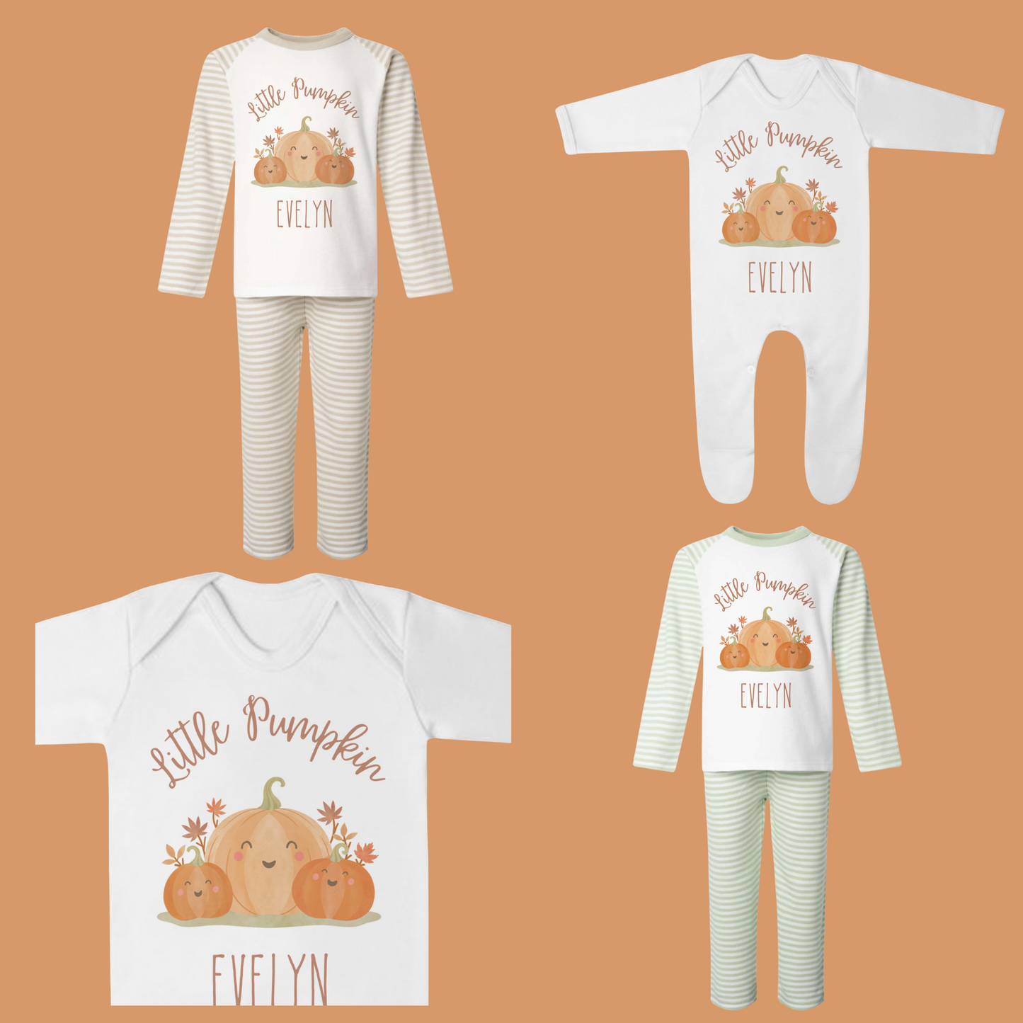 Little Pumpkin Seasonal PJs/pyjamas/Halloween/cream stripe/sage green stripe