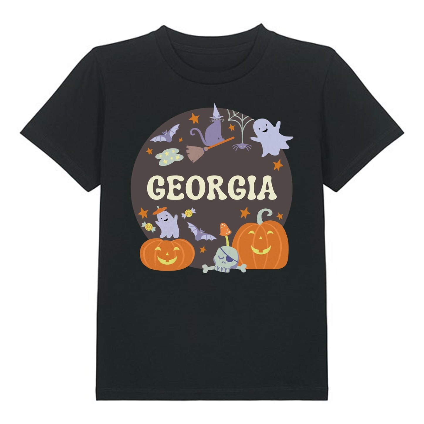 Spooky Halloween T-Shirt with Pumpkins, Spiders, Cat, Ghost & Bats personalised with any name