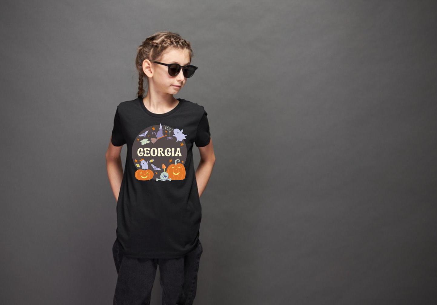 Spooky Halloween T-Shirt with Pumpkins, Spiders, Cat, Ghost & Bats personalised with any name