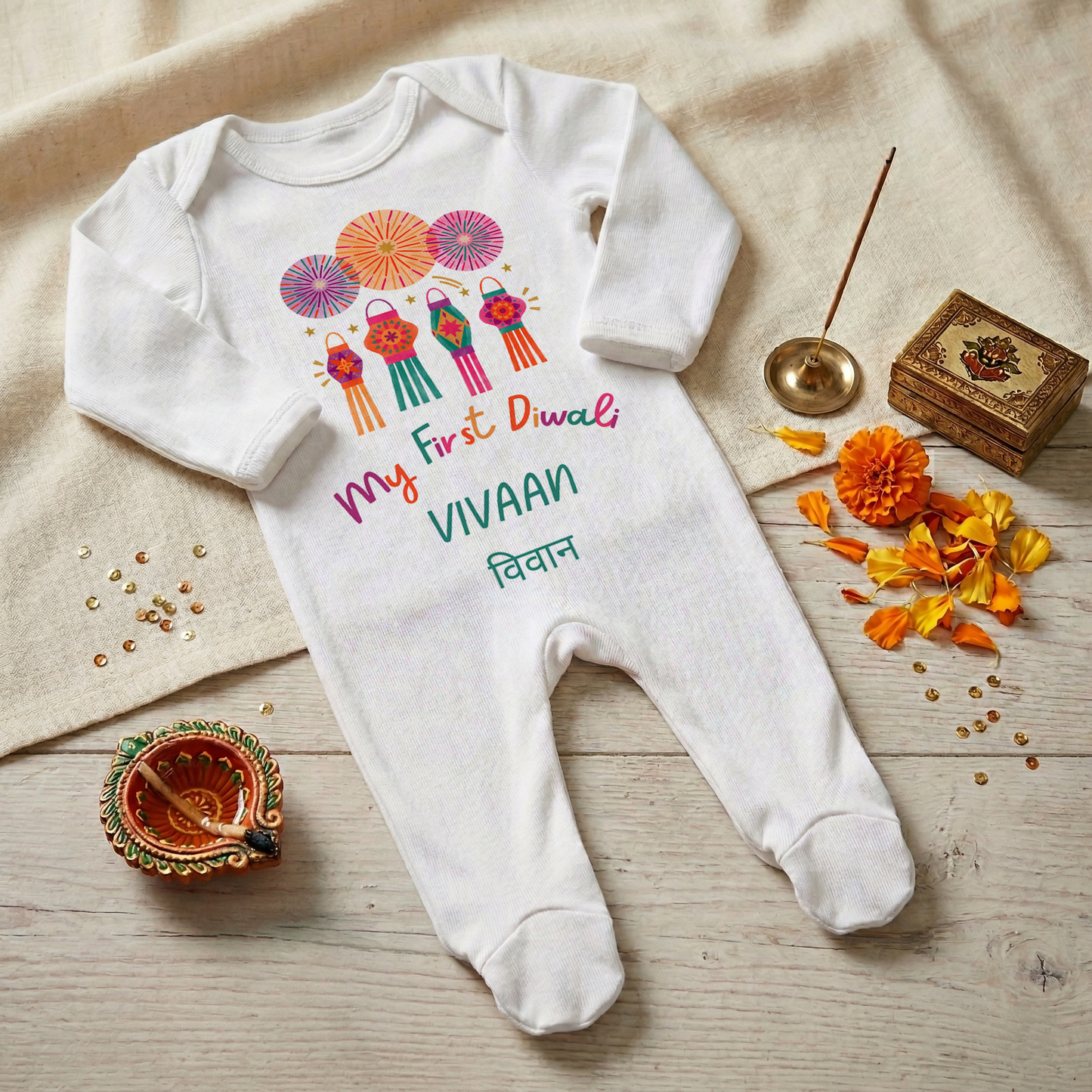 Personalised My First Diwali Babygrow - Cultural Spiritual Infant Romper suit - Lanterns Design