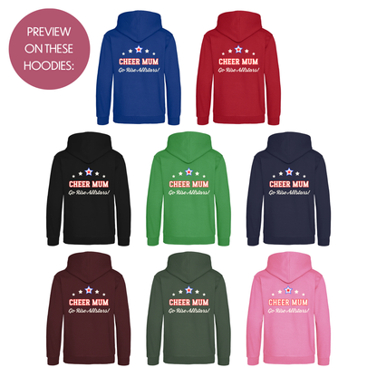 Personalised Cheer Mum Dad Hoodie - Customised Unisex Adults Cheerleading Support Pullover - Varsity Style Competition Jumper