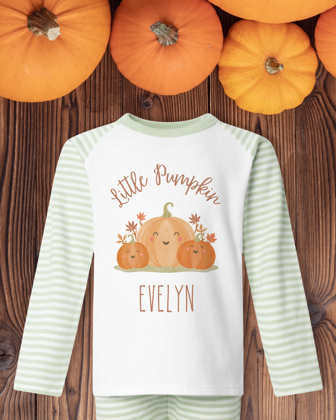 Little Pumpkin Seasonal PJs/pyjamas/Halloween/cream stripe/sage green stripe