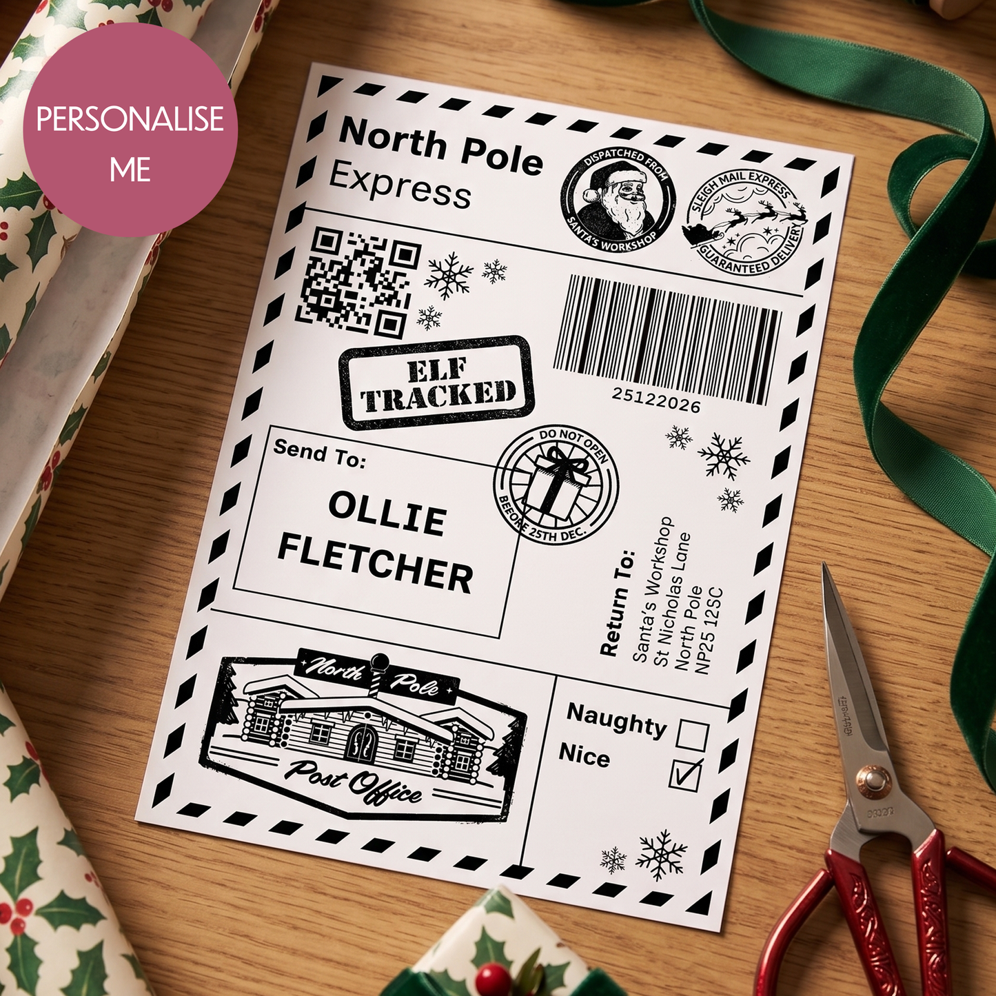 Personalised North Pole Christmas Postage Label Sticker - Add Your Name Gift Tag - Custom Giftwrap Idea