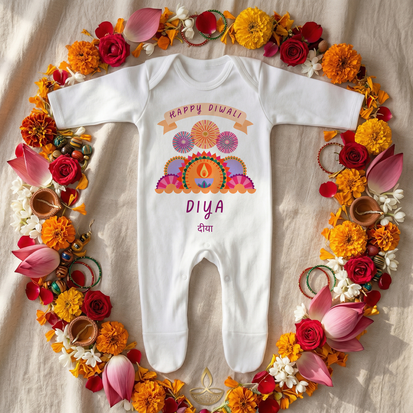 Personalised My First Diwali Babygrow - Cultural Spiritual Infant Romper suit - Fireworks Design
