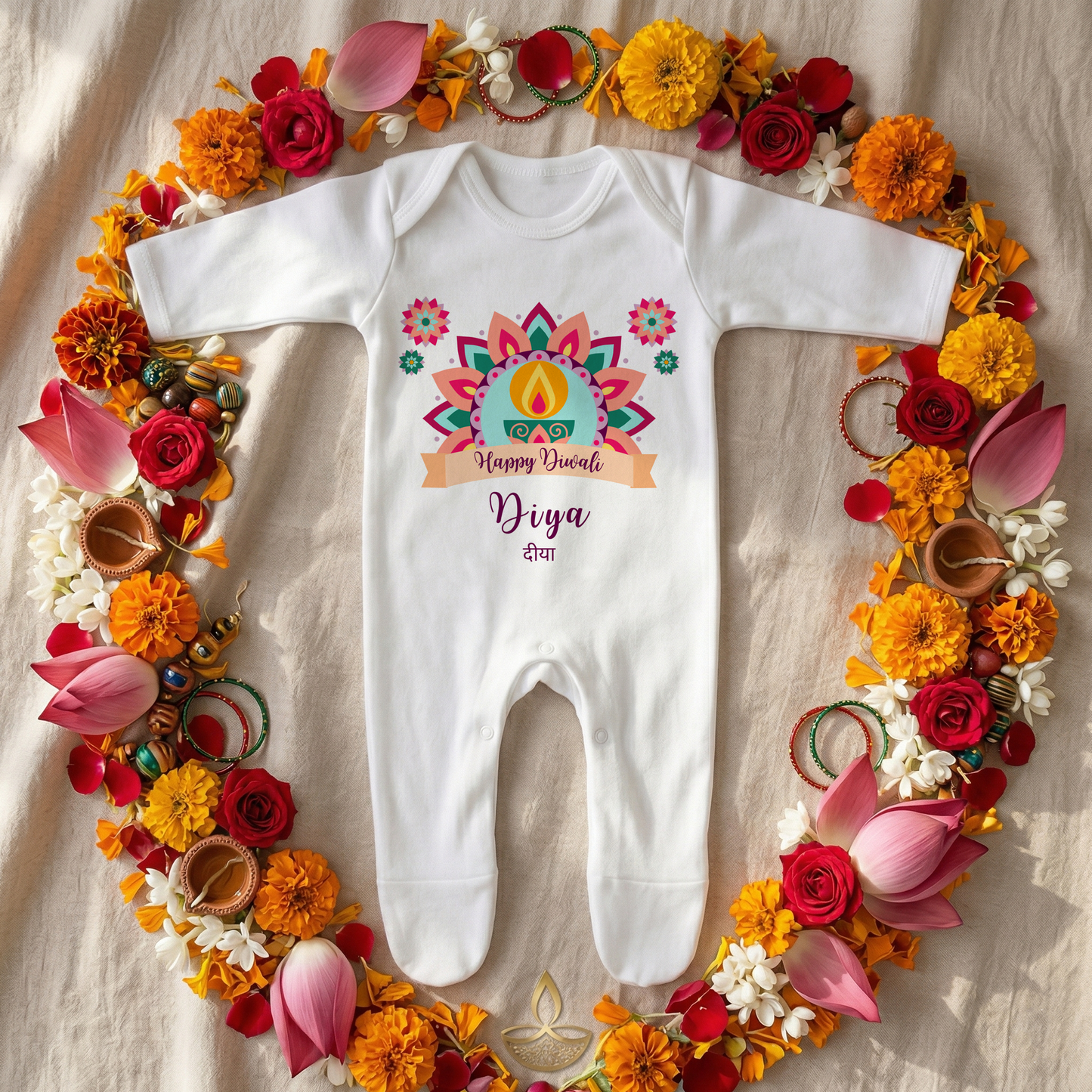 Personalised My First Diwali Babygrow - Cultural Spiritual Infant Romper suit - Pastel Mandala Design