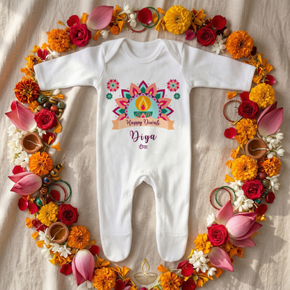 Personalised My First Diwali Babygrow - Cultural Spiritual Infant Romper suit - Pastel Mandala Design