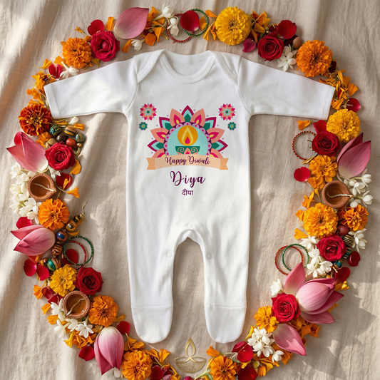 Personalised My First Diwali Babygrow - Cultural Spiritual Infant Romper suit - Pastel Mandala Design