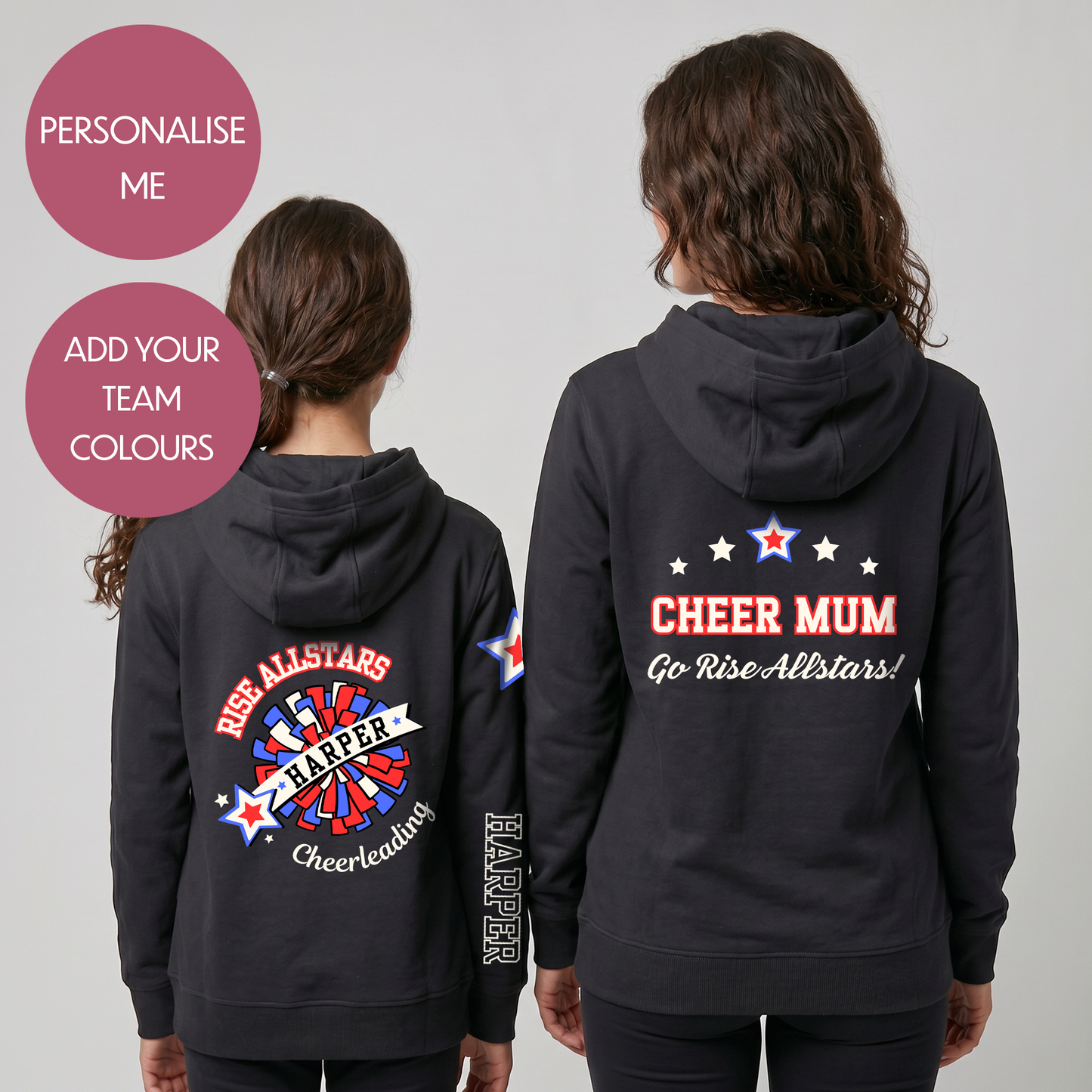 Personalised Cheer Mum Dad Hoodie - Customised Unisex Adults Cheerleading Support Pullover - Varsity Style Competition Jumper