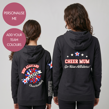 Personalised Cheer Mum Dad Hoodie - Customised Unisex Adults Cheerleading Support Pullover - Varsity Style Competition Jumper