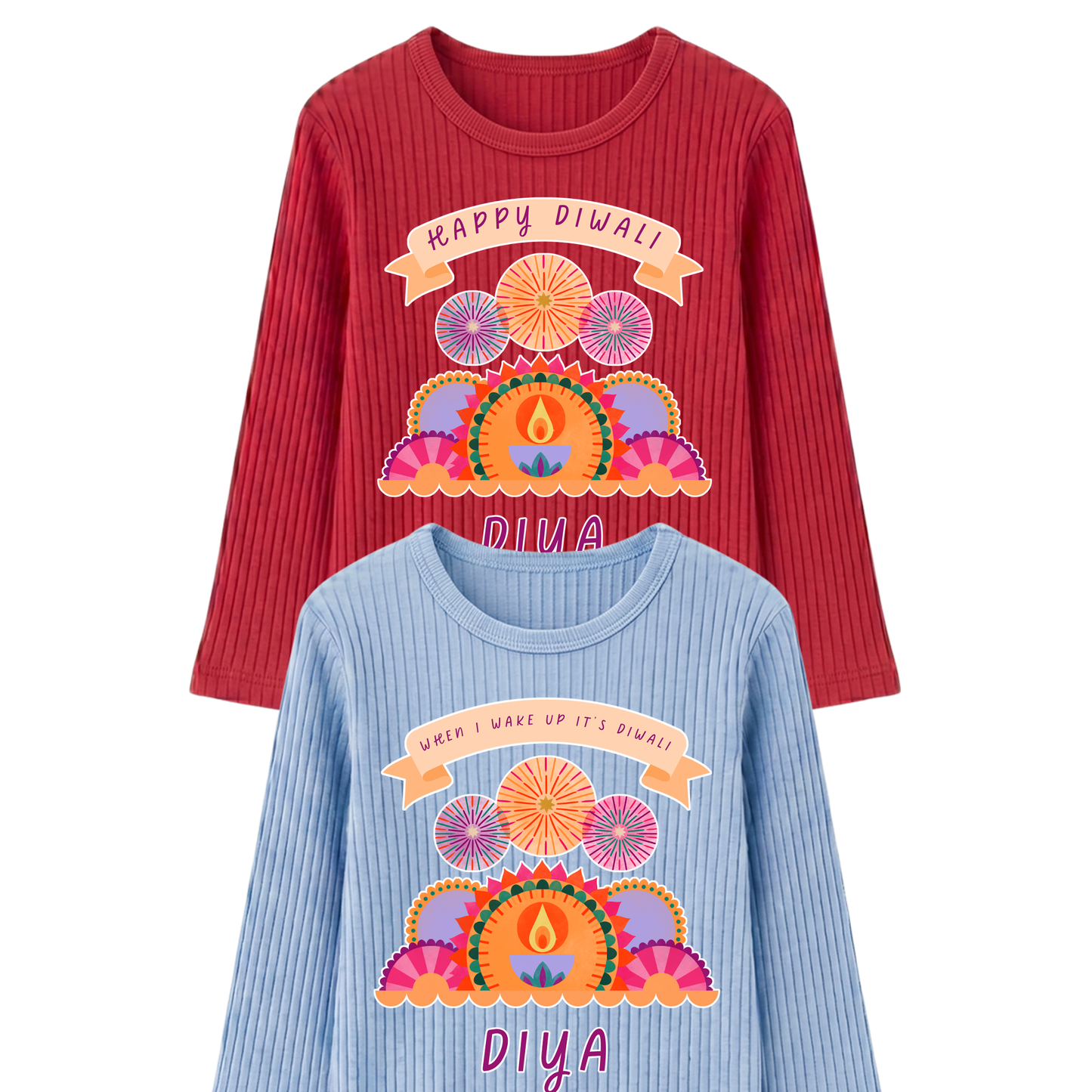 Personalised Happy Diwali Ribbed Lounge Set - Kids & Adults - Matching Family Spiritual Pyjamas - Fireworks Design