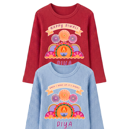 Personalised Happy Diwali Ribbed Lounge Set - Kids & Adults - Matching Family Spiritual Pyjamas - Fireworks Design