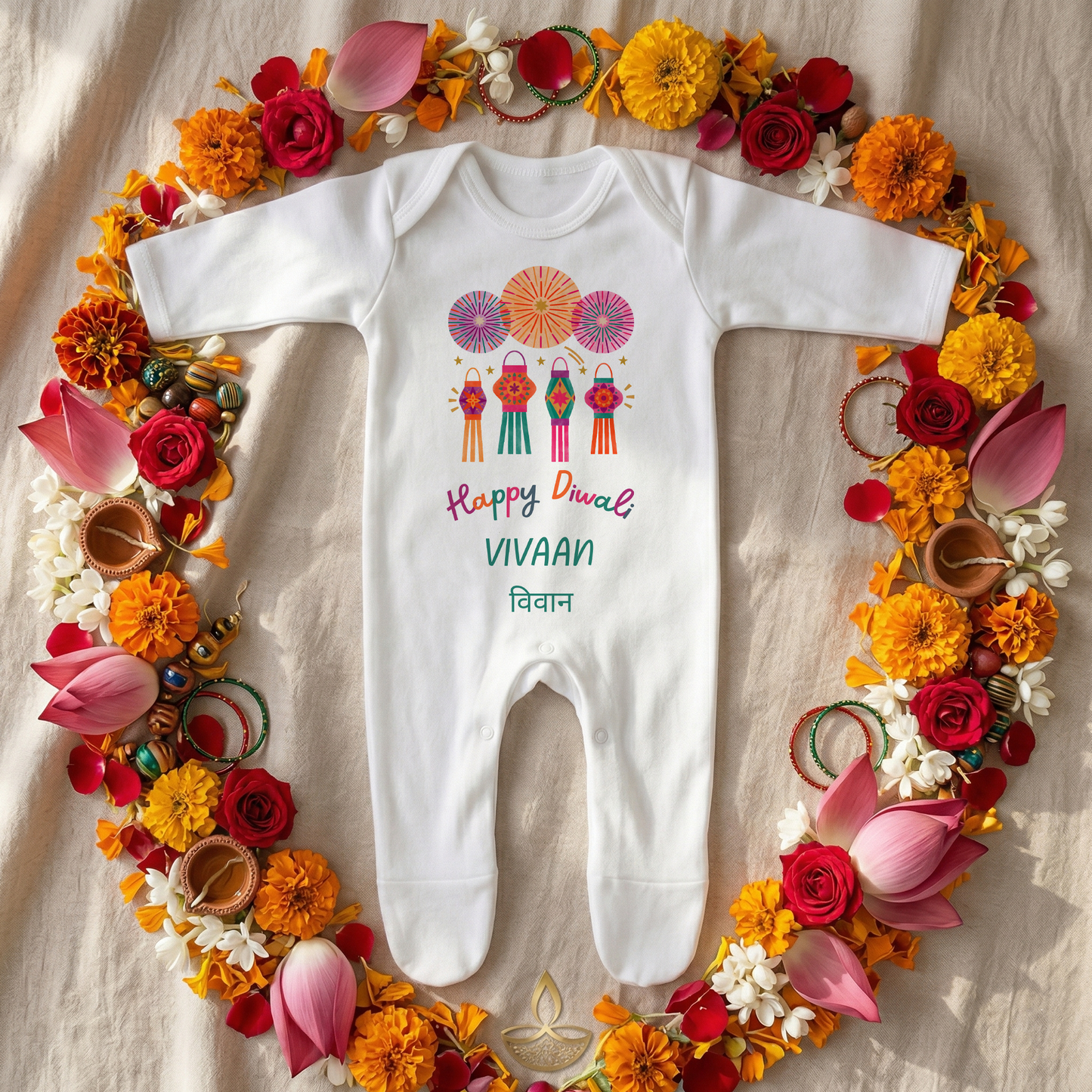 Personalised My First Diwali Babygrow - Cultural Spiritual Infant Romper suit - Lanterns Design
