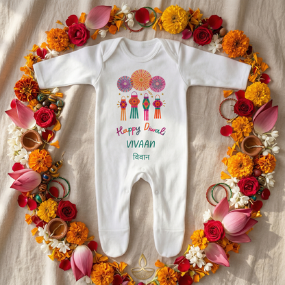 Personalised My First Diwali Babygrow - Cultural Spiritual Infant Romper suit - Lanterns Design