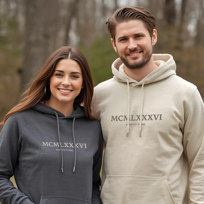 Personalised Couples Hoodie - Birth Year Roman Numerals Jumper - Matching His and Hers