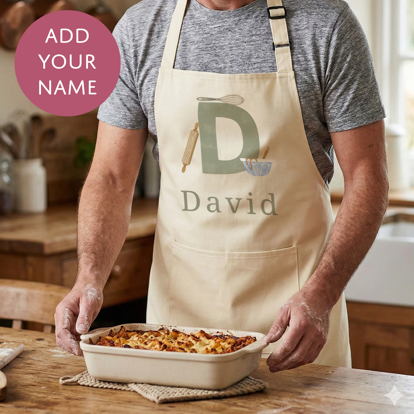 Personalised Green Initials Apron - Adults and Kids Baking and Cooking Apron Gift