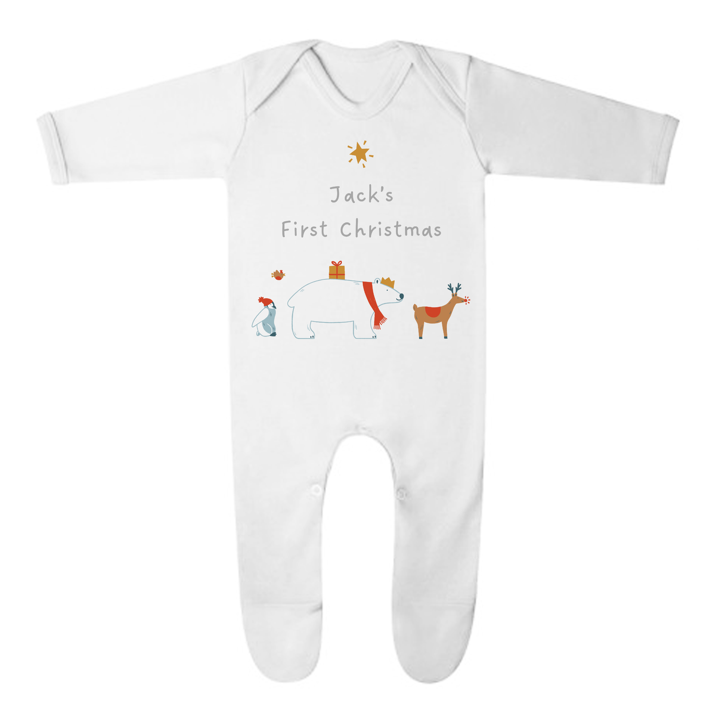 'My First Christmas' Winter Animals Romper - Personalised Baby Grow - Christmas Pyjamas