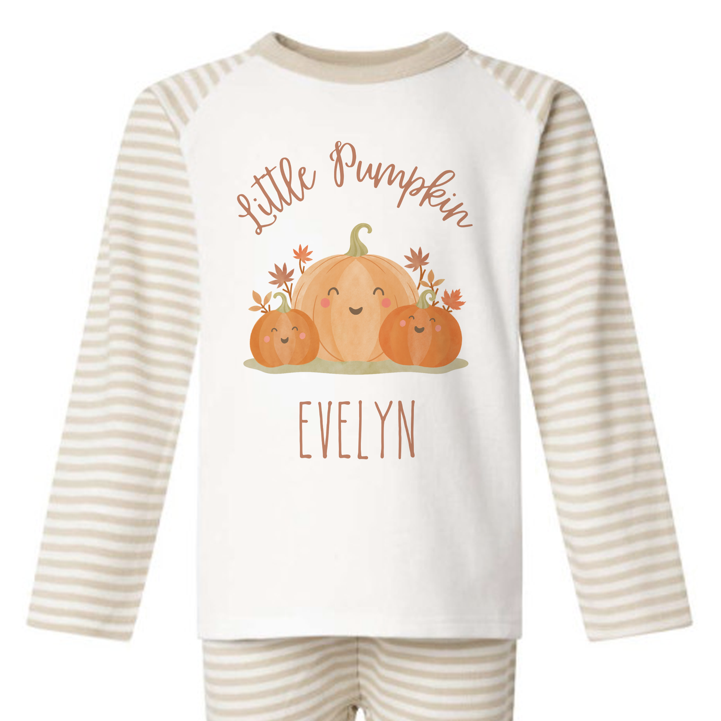 Little Pumpkin Seasonal PJs/pyjamas/Halloween/cream stripe/sage green stripe