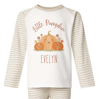 Little Pumpkin Seasonal PJs/pyjamas/Halloween/cream stripe/sage green stripe