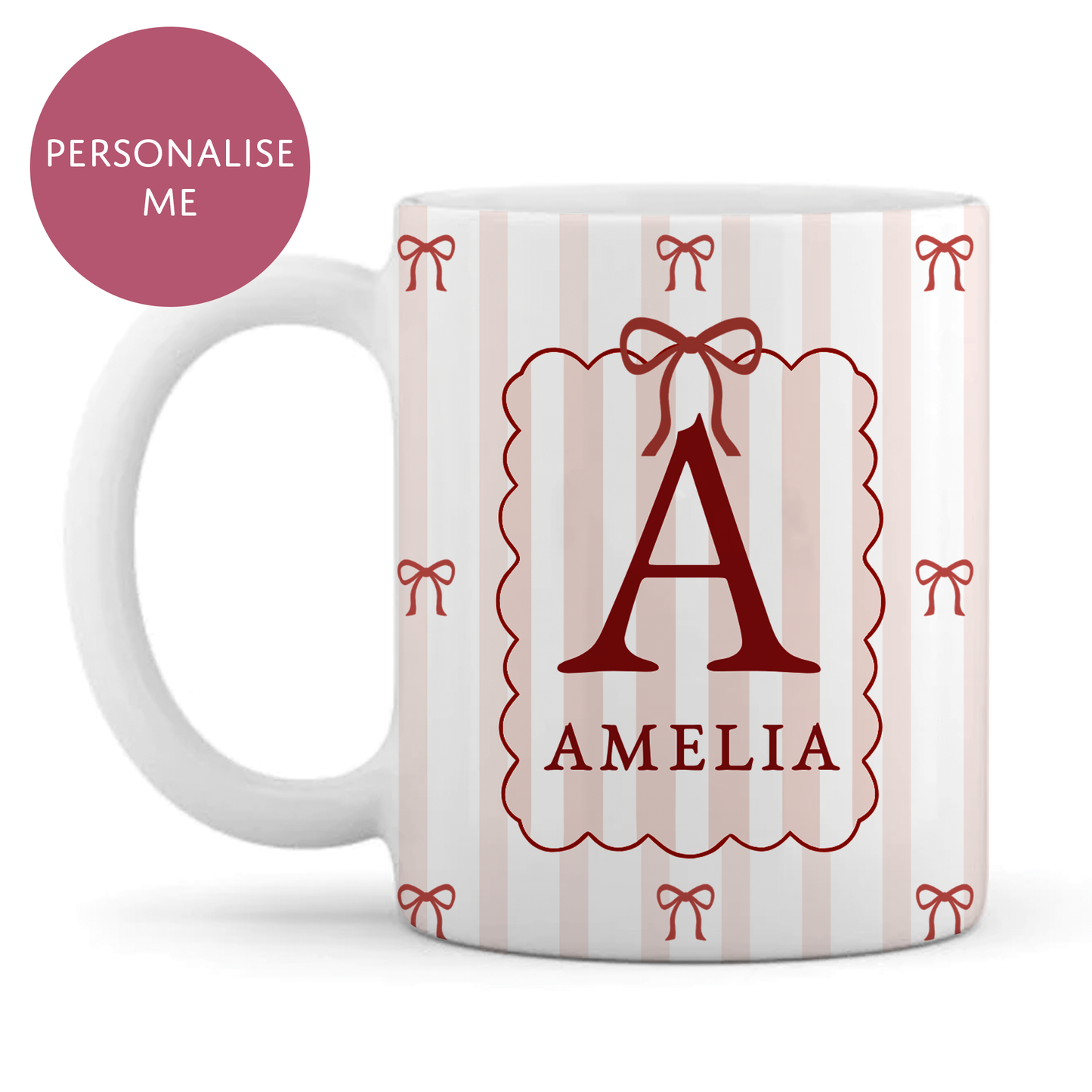 Personalised Striped Pink Bow Mug - Cute and Stylish Tea Coffee Mug - Teenage Girl Gift For Her