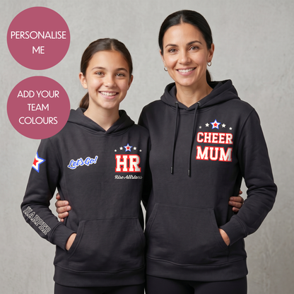 Personalised Cheer Mum Dad Hoodie - Customised Unisex Adults Cheerleading Support Pullover - Varsity Style Competition Jumper