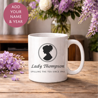 Personalised Bridgerton Inspired Mug - Spilling the Tea Custom Birth Year Cup for Adults
