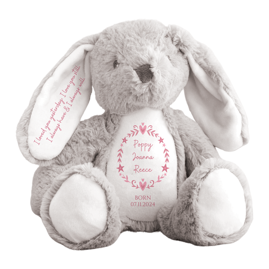 Personalised Newborn Baby Bunny Teddy - Custom Weight, Message and Name Keepsake Gift