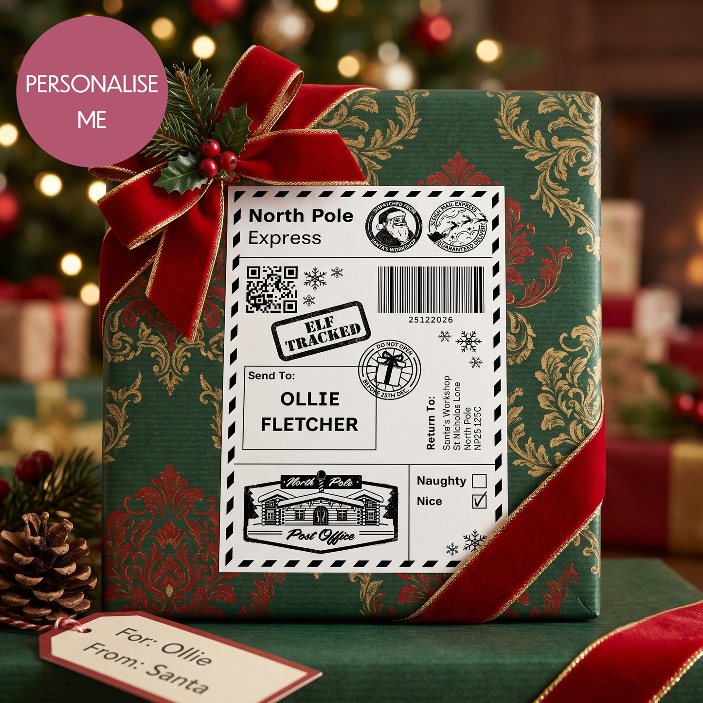 Personalised North Pole Christmas Postage Label Sticker - Add Your Name Gift Tag - Custom Giftwrap Idea