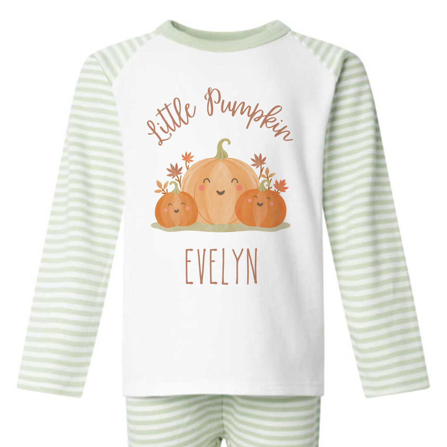 Little Pumpkin Seasonal PJs/pyjamas/Halloween/cream stripe/sage green stripe