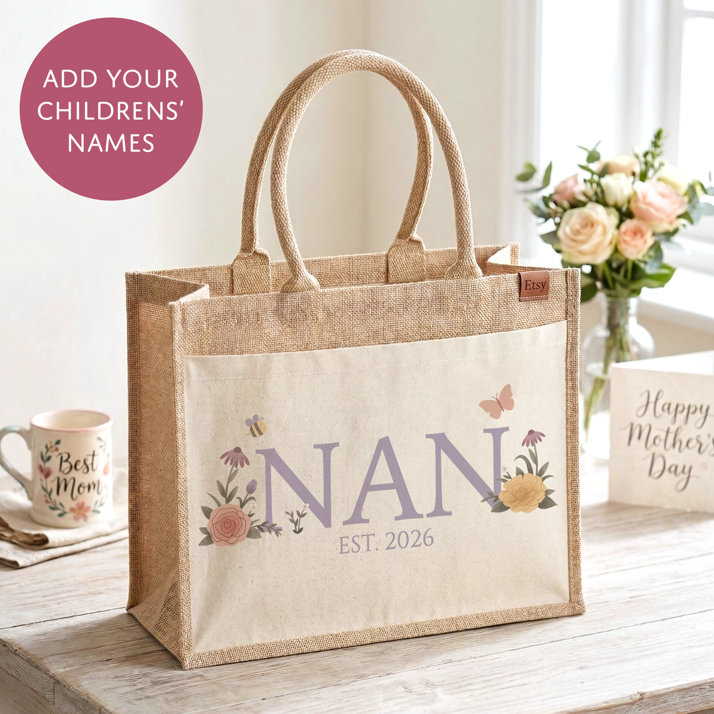 Personalised Hessian Shopper Bag - Pretty Floral Design
