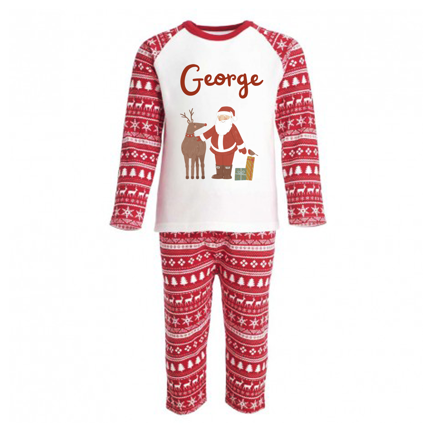 Personalised Christmas Santa and Rudolph Pyjamas - Kids and Adults - Unisex PJ Set