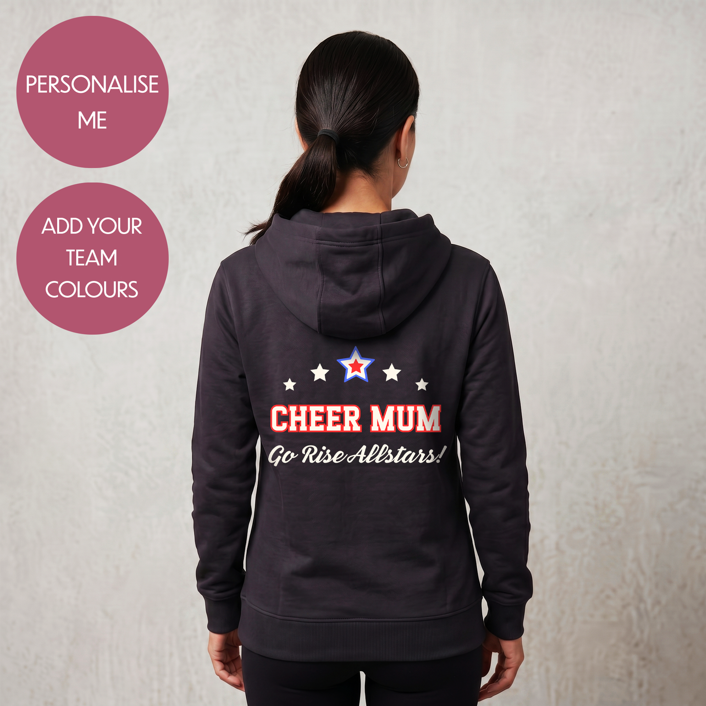 Personalised Cheer Mum Dad Hoodie - Customised Unisex Adults Cheerleading Support Pullover - Varsity Style Competition Jumper