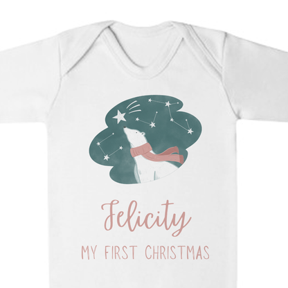 'My First Christmas' Pink Polar Bear Romper - Personalised Baby Grow - Christmas Pyjamas