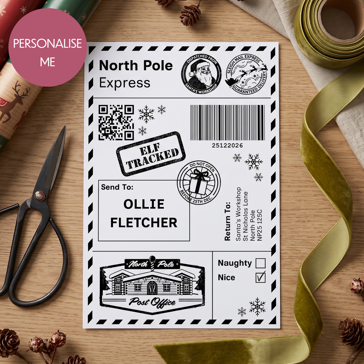 Personalised North Pole Christmas Postage Label Sticker - Add Your Name Gift Tag - Custom Giftwrap Idea