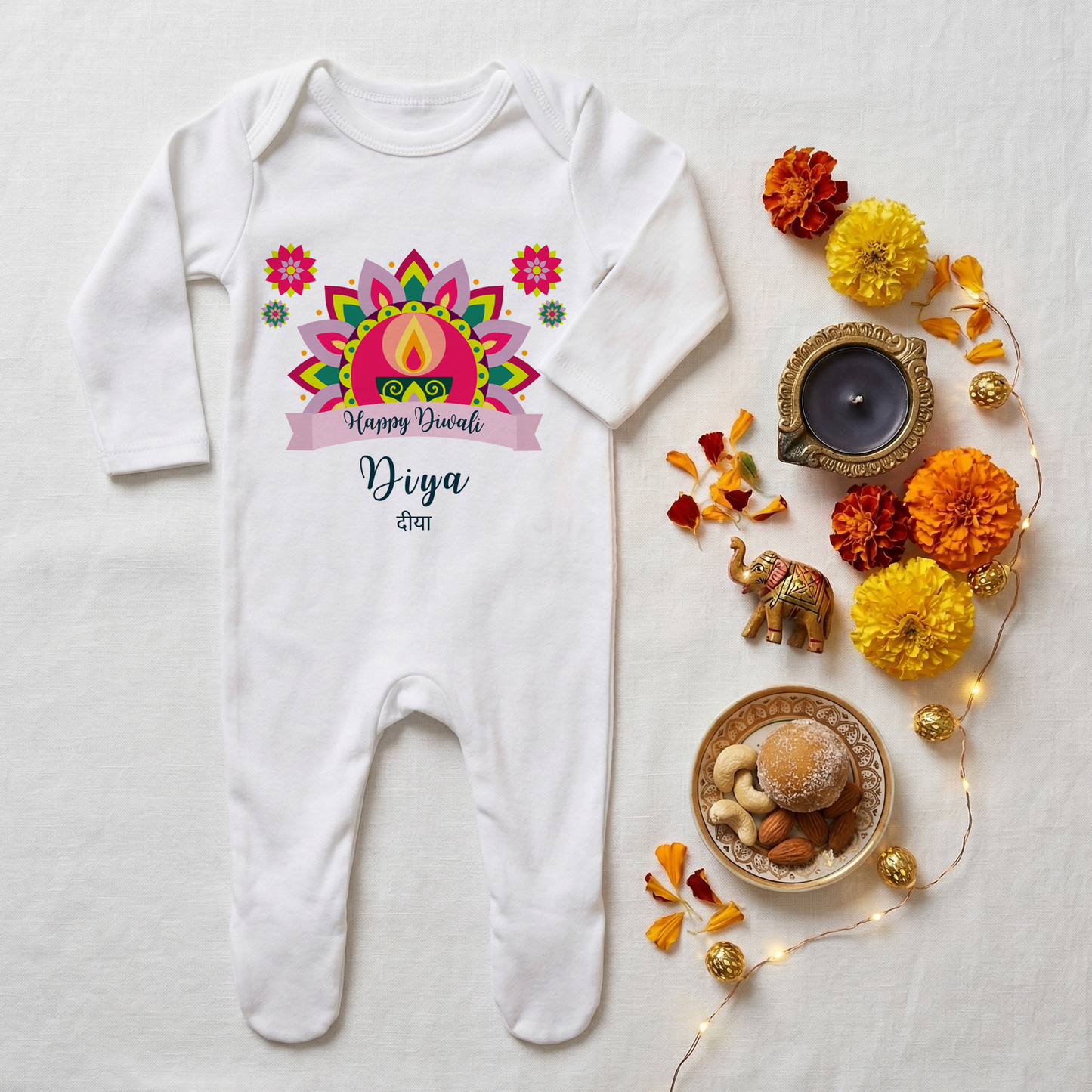 Personalised My First Diwali Babygrow - Cultural Spiritual Infant Romper suit - Bold Mandala Design