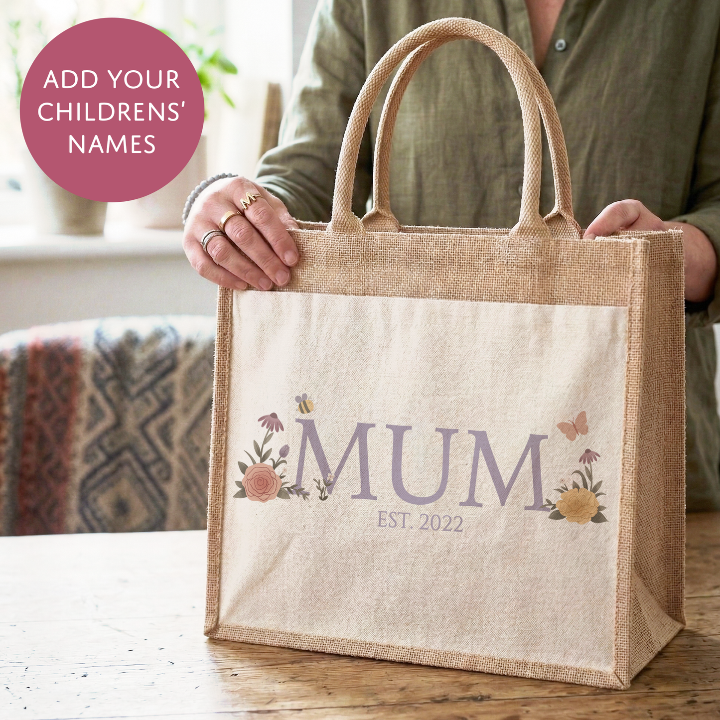 Personalised Hessian Shopper Bag - Pretty Floral Design