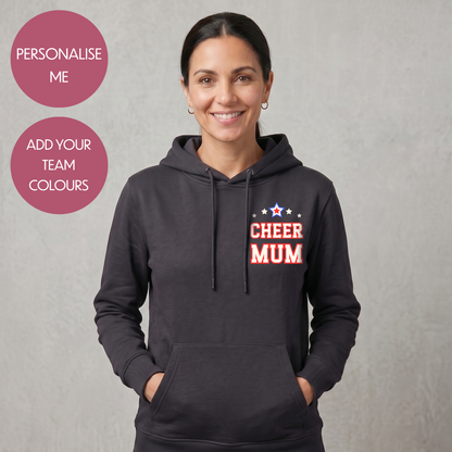 Personalised Cheer Mum Dad Hoodie - Customised Unisex Adults Cheerleading Support Pullover - Varsity Style Competition Jumper