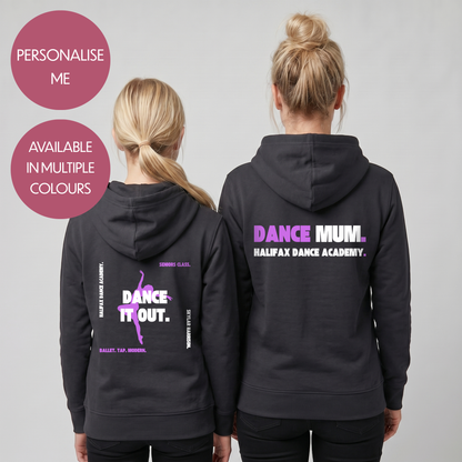Personalised Dance Mum Dad Hoodie - Customised Unisex Adults Dancing Support Pullover - Varsity Style Competition Jumper
