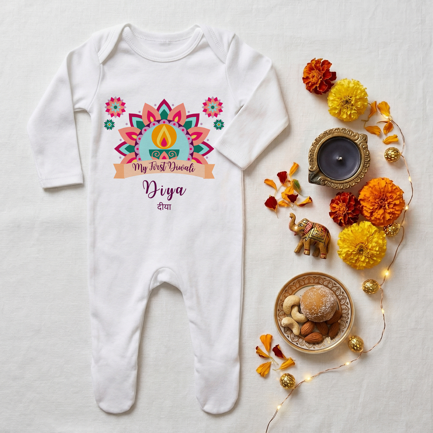 Personalised My First Diwali Babygrow - Cultural Spiritual Infant Romper suit - Pastel Mandala Design