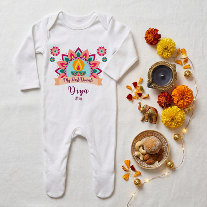 Personalised My First Diwali Babygrow - Cultural Spiritual Infant Romper suit - Pastel Mandala Design